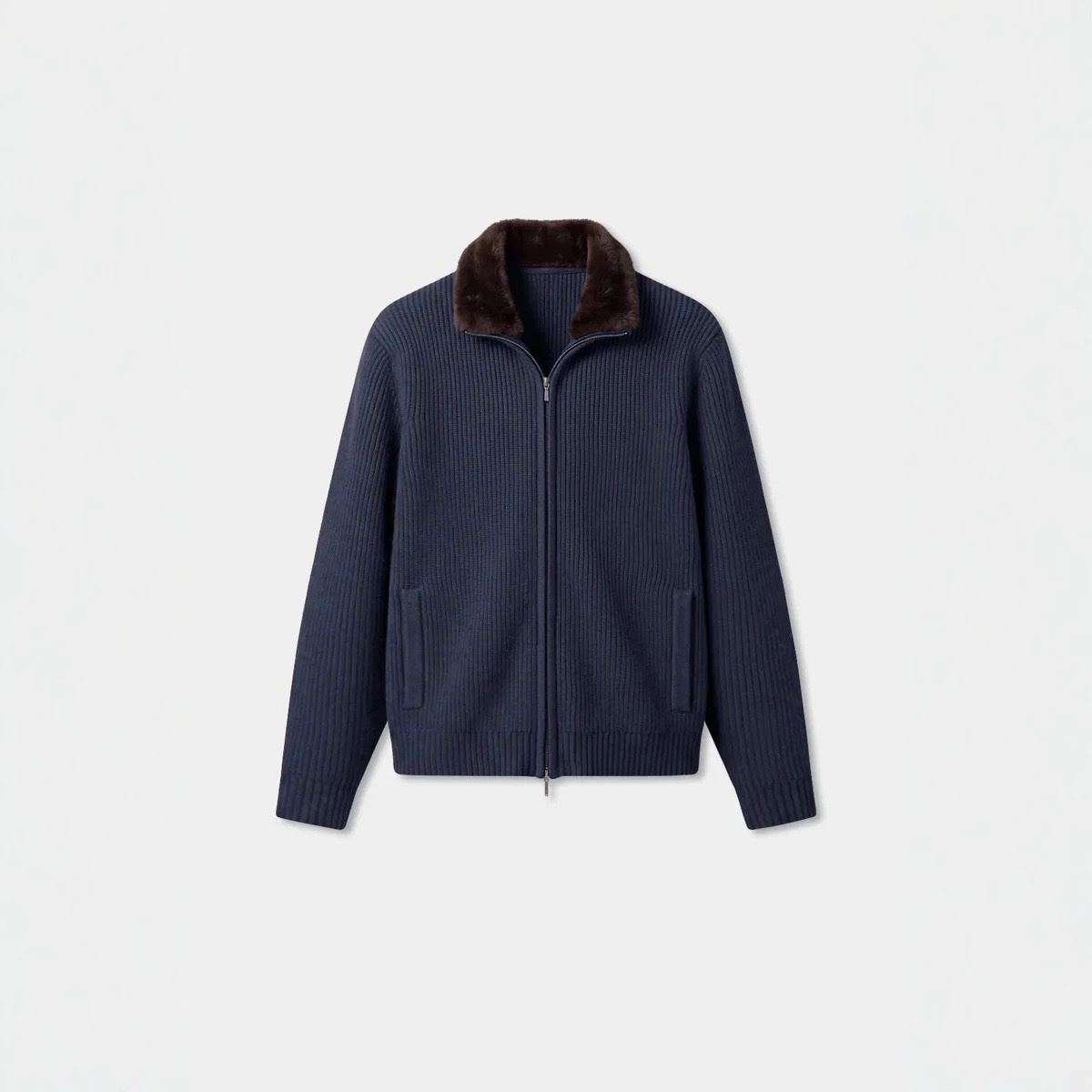 Veste en Maille Côtelée à Col Effet Daim